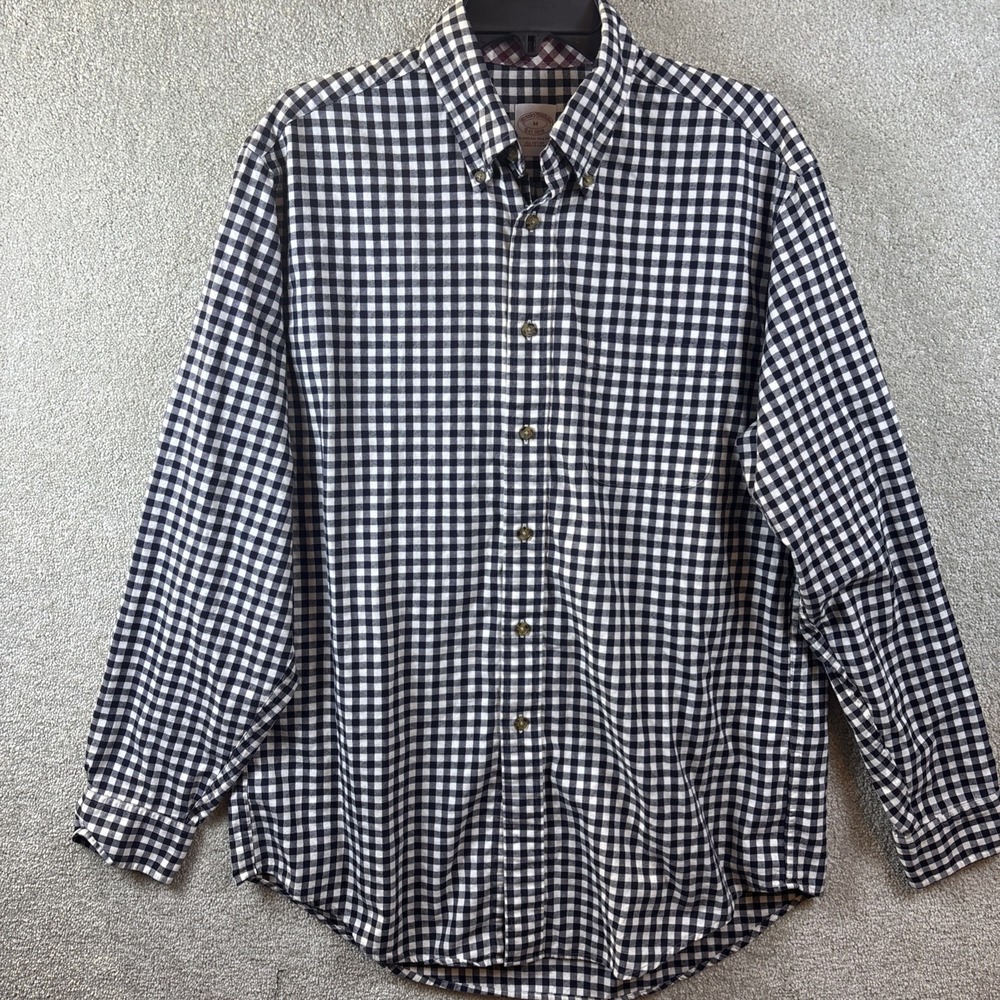 Brooks Brothers Button Down Shirt Mens Medium Navy Blue Gingham Check Cotton - Picture 2 of 7